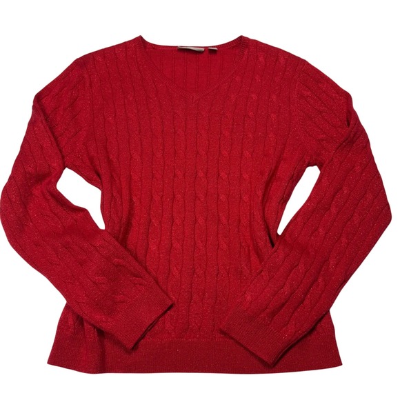 Croft & Barrow Red Sweater Women's L Red Cable Knit V Neck Sparkle Party Top - Picture 1 of 6